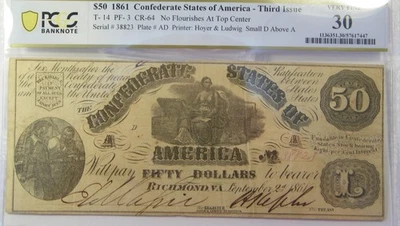 T-14 $50 1861 Confederate Note  PCGS VF 30 - Image 1 of 2