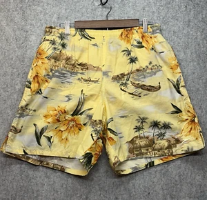 Speedo Size M Hawaiian Swim Trunks Yellow With Flowers, Canoes, & Tiki Huts - Picture 1 of 6
