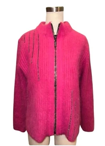 Fuzzy 80% Angora Venesha Pink Rhinestone Cardigan Jacket Sweater Zip Up Lined - Picture 1 of 14