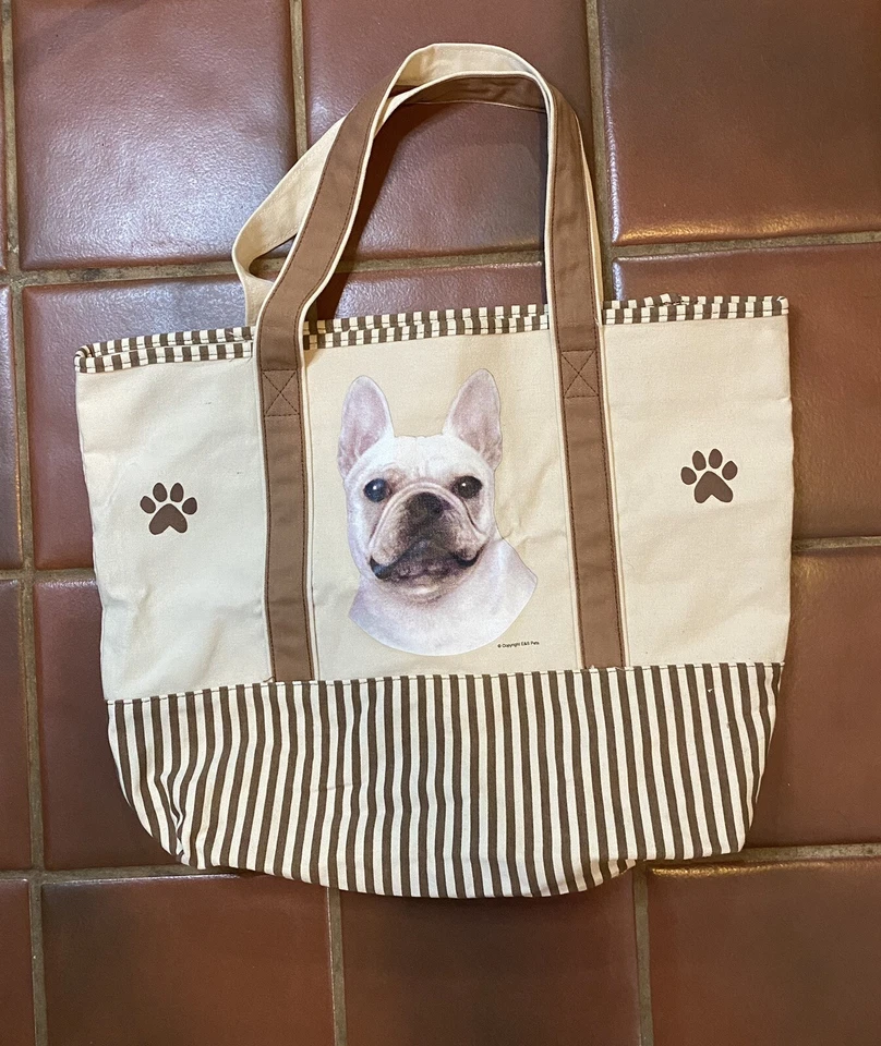 French Bulldog Striped Tote Bag E & S Pets Paw Prints Brown Beige Beach Travel - Image 1 of 4