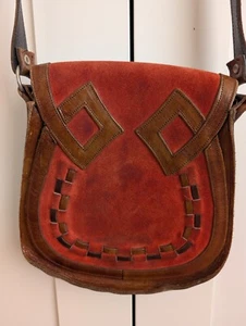 Vintage 70s Tan Brown Leather & Suede Boho Hippy Shoulder Bag ~ Lattice Detail - Picture 1 of 9