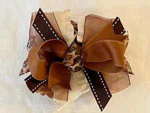 Beautiful Custom Made Designer Girls hair Bow French Clip 4" Leiaprd Cream Brown - Picture 1 of 3