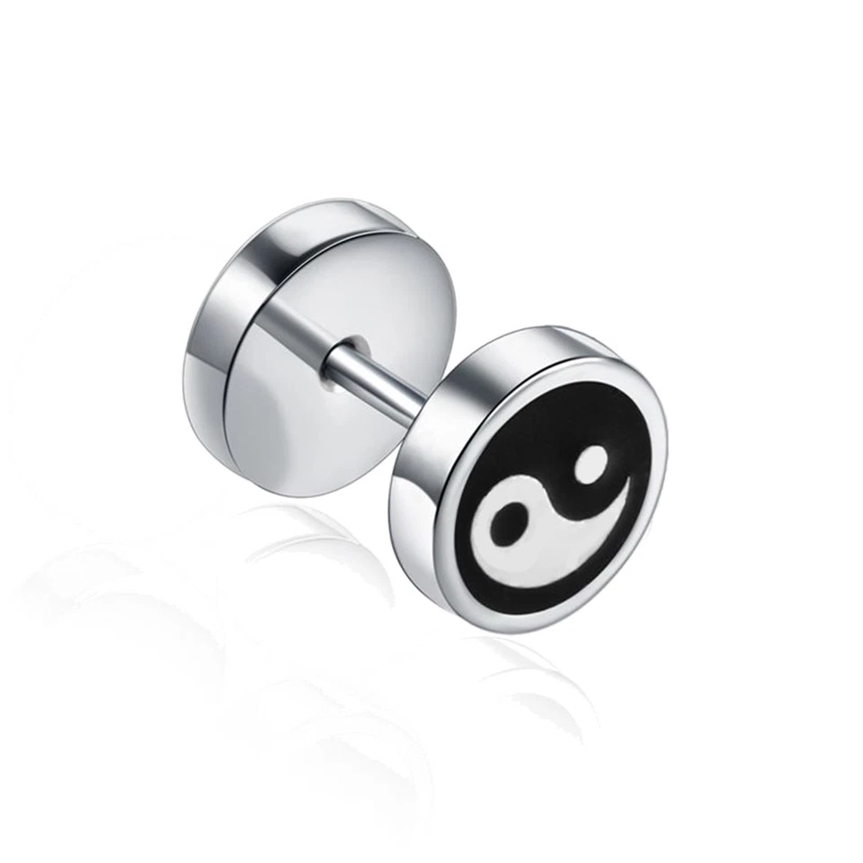 Falso Plug Piercing Orecchini Yin Yang Taijitu Simbolo 8mm Argento Nero Uomo - Immagine 1 di 1