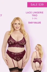 Lace Lingerie Trio Deep Purple Bralette & Panty W/ Garter Belt Skirt New Size 3X - Picture 1 of 18