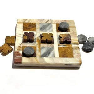 Hand Carved Tic Tac Toe Game Quartz & Granite Brown White & Gray Board Games - Picture 1 of 10