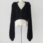 Women Cropped Top Fluffy Knitted Sweater Cardigan Coat Deep V-neck Button Casual