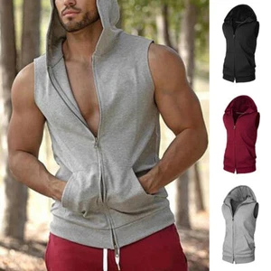 Mens Zipper Workout Hoodie Sleeveless Vest Muscle Tank Tops Gym Bodybuilding - Picture 1 of 16