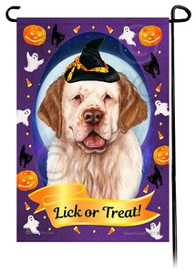 Halloween Garden Flag - Orange and White Clumber Spaniel - Picture 1 of 1