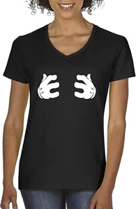 Women's V-Neck T-Shirt Cartoon Hands Grabbing Chest [#1003] - Picture 1 of 4
