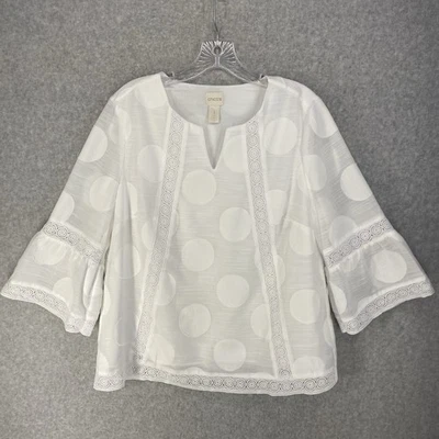 Chicos Mujer 1 Blanco Mezcla Algodón Cuello en V Manga Campana Top Encaje Ribete Lunares Foto 1 de 4