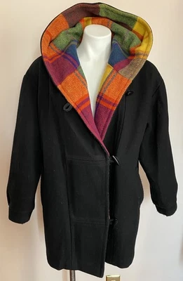 VTG Maggie Lawrence Black Bright Tartan Plaid Lined Hooded Wool Duffle Coat L/XL - Image 1 of 4