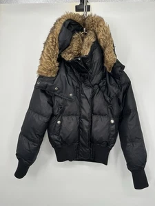 Y2K jacket zip  Fur Hood Puffer Jacket  XS Crop Bomber Black Down  Express - Picture 1 of 14