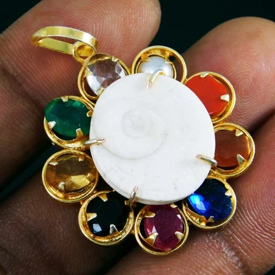 9 Planet Healing Gomti Chakra & Navratna Gemstone – Handmade Pendant Jewelry - Image 1 of 4