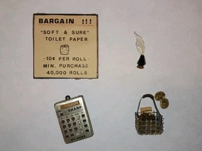 Lot of Vintage Dollhouse Miniatures Ink Well Calculator Basket Signage Shadow Bx - Image 1 of 4