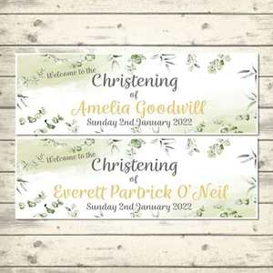 2 PERSONALISED EUCALYPYTUS CHRISTENING BANNER DESIGN 2 - ANY NAME - ANY DATE - Picture 1 of 2