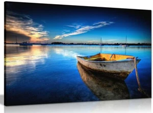 Landschaft blaues Boot auf Meer & Himmel Gemälde Leinwand Wandbild Bild Druck - Bild 1 von 5