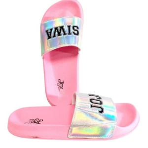 JoJo Siwa rosa Pantoletten Sandalen Mädchen holografische Riemen Hausschuhe mit Namen Logo - Bild 1 von 8