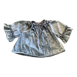 Free People Womens Ainsley Ruffled Denim Top Size Small Blue Bell Sleeves Boho - Picture 1 of 8
