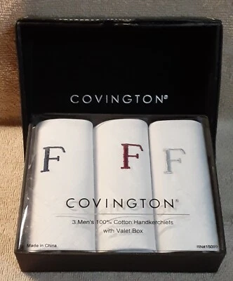 3 Gift Hankies Sears Covington Mens Monogram Handkerchiefs Letter 'F' Valet Box - Image 1 of 4