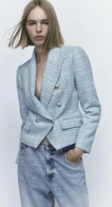 NEW ZARA Double Breasted Textured Weave Jacket & Skort Tweed Sz S Blue Women’s - Picture 1 of 24