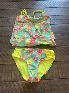 Justice Girls Tankini Swim 2 Piece Green Pink Yellow Roses Size 5 Pretty  - Picture 1 of 2