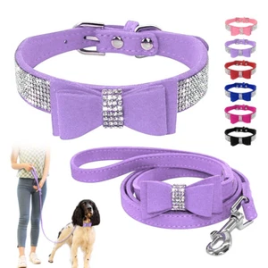 Suede Leather Rhinestone Dog Collar and Leash Set with Cute Bowtie Cat Puppy XXS - Picture 1 of 19