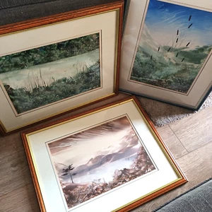 3 x original signierte Clare Allen Wachsgemälde 1995/6 - Loch / Fluss / Schilfszene - Bild 1 von 13