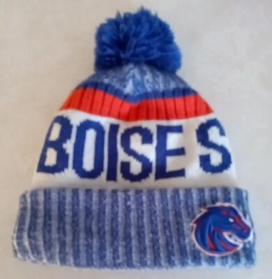 New Era Boise State Broncos Striped Knit Beanie Hat Pom Pom Fleece Lined - Image 1 of 2