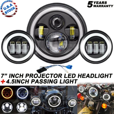 7" LED Halo Ring Headlight + 4.5" Passing Light for Harley Touring Electra Glide - Image 1 of 4