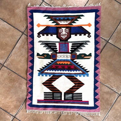 Vintage ECUADOR Hand Woven WALL HANGING Tapestry Rug 26x37" Totem - Image 1 of 4