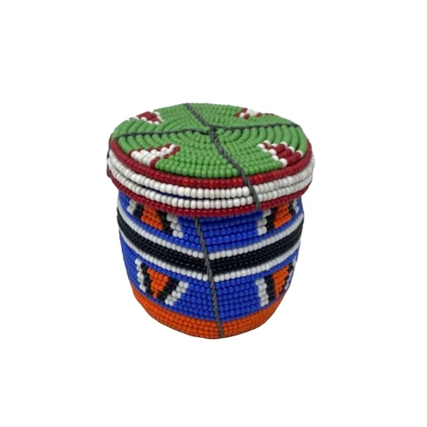 Vintage Handmade Kenyan Beaded Basket with Lid, Blue Orange White Knick Knack Be Cover