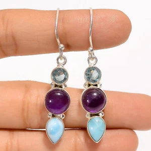 Natural Amethyst Larimar Gemstone 925 Silver Handmade Earrings 1.9" ARE-3863 - Picture 1 of 3