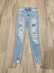 Am Eagle Super Hi Rise Jegging Faded Blue Jeans Damen 2 Distressed No Skin Shows - Bild 1 von 10
