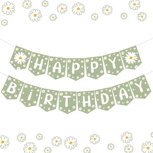 Daisy Happy Birthday Banner Sage Green Flower Party Decor for Girls - Picture 1 of 6