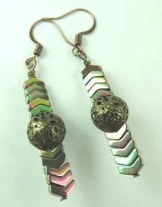 Bronze ausgefallene Perlen Ohrringe mit buntem Hämatit Handarbeit Boho Schmuck - Bild 1 von 1