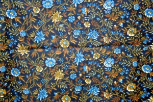 COPP FAMILY QUILT COLLECTION BLUE AND TAN FLOWERS ON BLACK, SMITHSONIAN BY RJR - Picture 1 of 3
