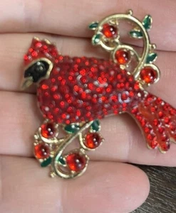 Kardinal Kristall Brosche Strass Vogel Anstecknadel Weihnachten Schmuck Urlaub goldfarben - Bild 1 von 5