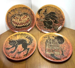 Pottery Barn Haunted House Plate Set Pumpkin Witch House Cat Set Of 4 New 8" - Picture 1 of 11