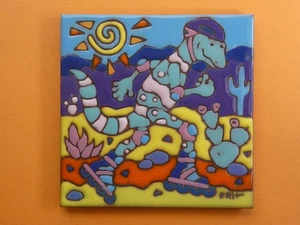 Earthtones Ceramic Art Tile 6x6 Colorful Southwestern Roller Blading Lizard O66 - Picture 1 of 11