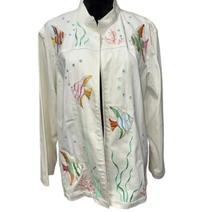 Quacker Factory Embroidered Jacket 2 XL White Fish Sequins Sea Tropical Beach - Picture 1 of 10