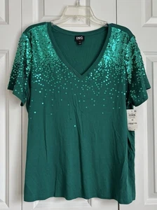 INC International Concepts Women's Tops Green Sequin Short Sleeve V-Neck Pullon - Picture 1 of 6