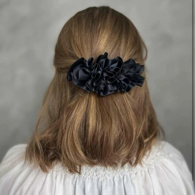 Vintage Silky French Hair Bow Ribbon Ruffle Hair Clip Barrette Navy Blue - Image 1 of 4