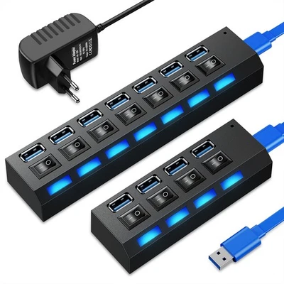 Hub USB 3.0 4/7 Porte Sdoppiatore Adattatore con Alimentatore Attivo Sdoppiatore per PC Portatile - Immagine 1 di 4