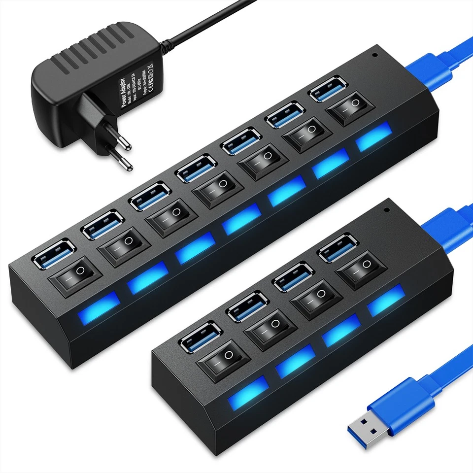Hub USB 3.0 4/7 puertos adaptador divisor con fuente de alimentación activa distribuidor para PC portátil - Imagen 1 de 4
