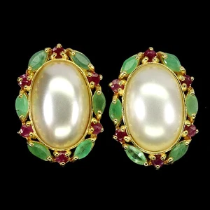 925 Sterling Silver Earrings Marquise Emerald Ruby Mop Natural Gemstone Jewelry - Picture 1 of 13