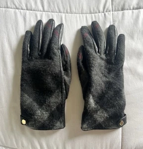 Burberry Black Leather & Wool Gray Check Cash Gloves 7.5 - Picture 1 of 4