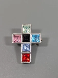 Colorful Square Rhinestone Cross Brooch Small Pin Blue Pink Black - Picture 1 of 5