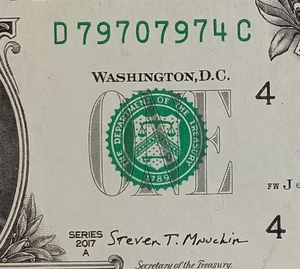 D79707974C $1 Repeater Alternator Fancy Serial Number 7s One Dollar Bill 2017A - Picture 1 of 3