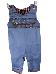 LiL Cactus Light Blue Smocked Santa and Sleigh Overalls Cotton size 6-12 months - Picture 1 of 8