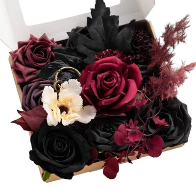 Ling's moment Moody Borgoña y Negro Flores Artificiales y Verdedor Mini Com... Foto 1 de 4